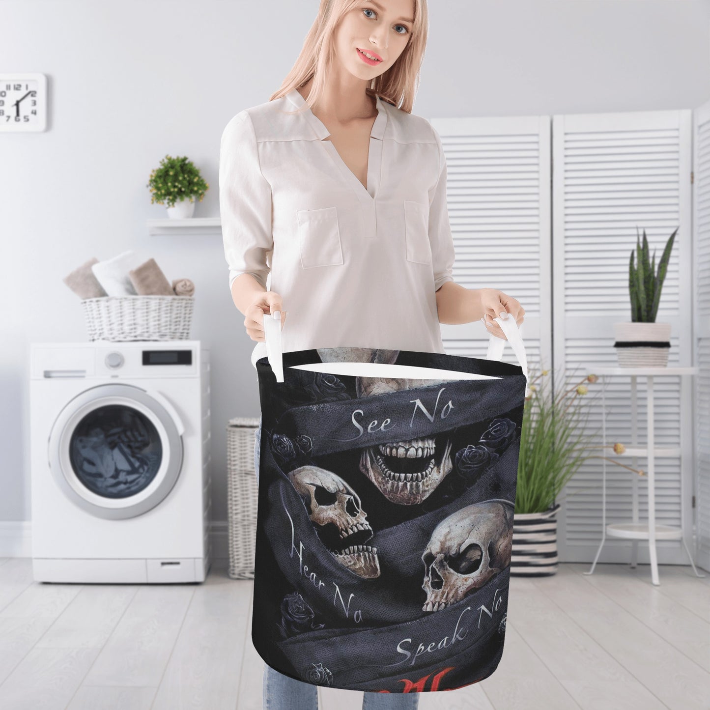 No see no hear no speak evils skull Round Laundry Basket