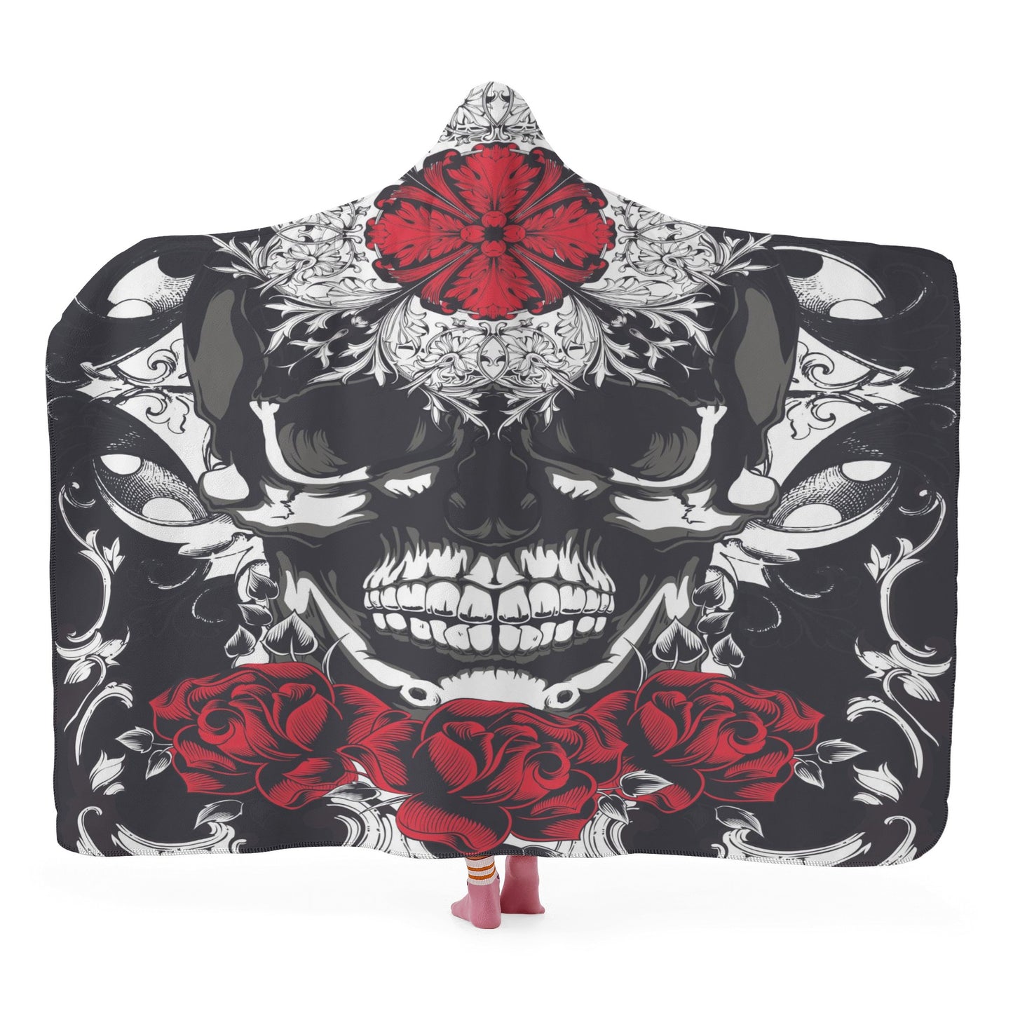 Floral rose skull Halloween Hooded Blanket