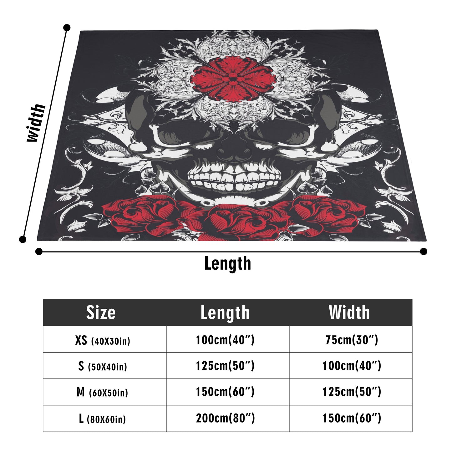Gothic floral skull Horizontal Flannel Breathable Blanket 4 Sizes