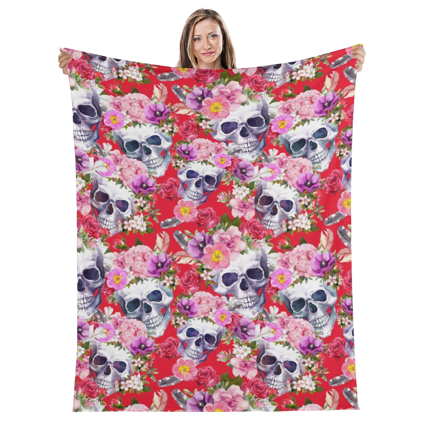 Floral sugar skull Long Vertical Flannel Breathable Blanket 4 Sizes