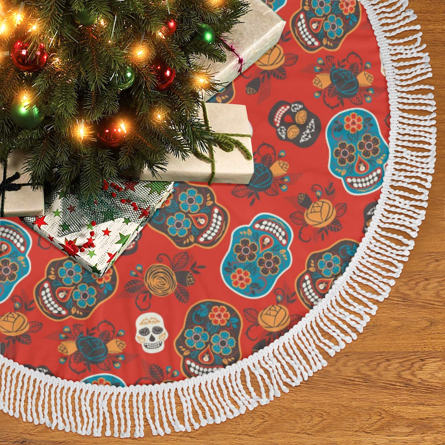 Dia de los muertos sugar skull Fringed Christmas Tree Skirts