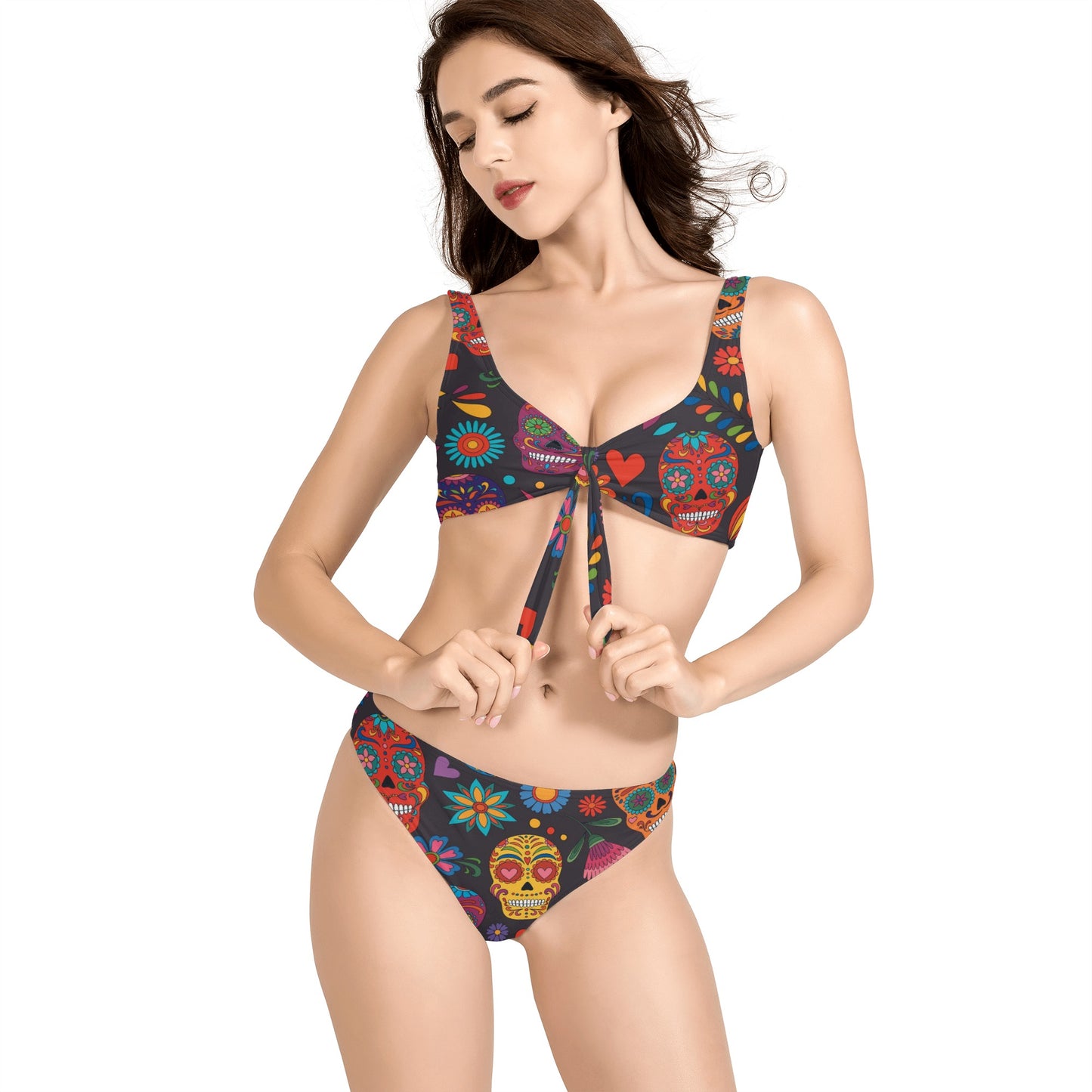 Day of the dead candy skull gothic Women's Bow Front Bikinis Swimsuit