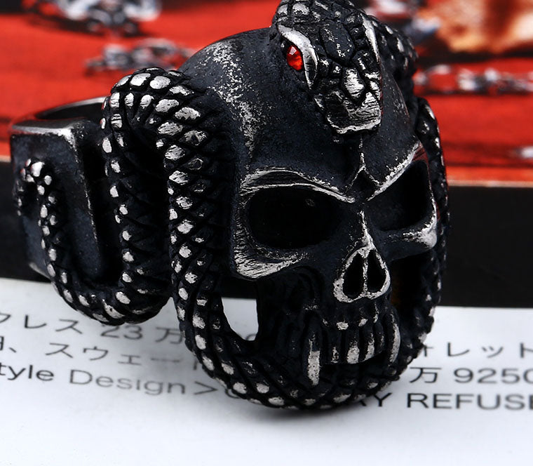 retro style stainless steel Vintage snake ring with red stone devil skull biker exquisite jewelry for man  BR8-440