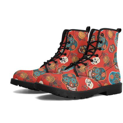 Sugar skull day of the dead pattern Women's Leather Boots