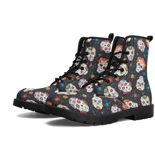 Sugar skull day of the dead pattern Women's Leather Boots