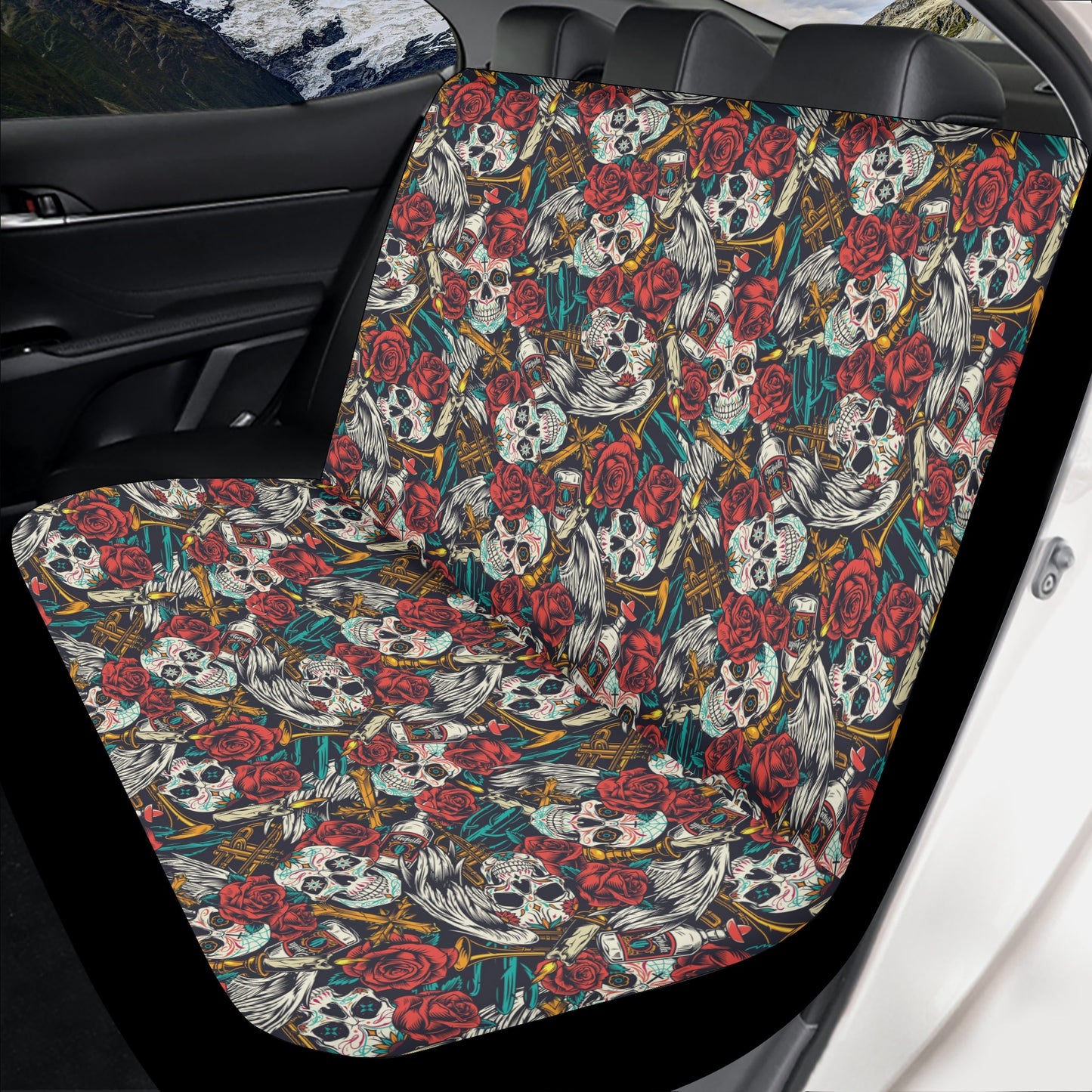Skull in fire front and back car seat covers, goth mat for car, biker skull car rug, halloween seat cover for car, halloween car accessories