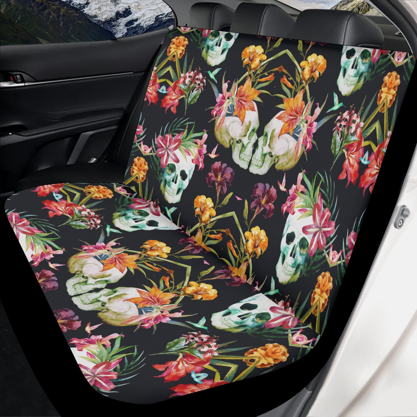 Flower skull slip-on seat covers, grim reaper rug mat for car, horror car protector, biker skull car floor mat, biker skull car protector, s