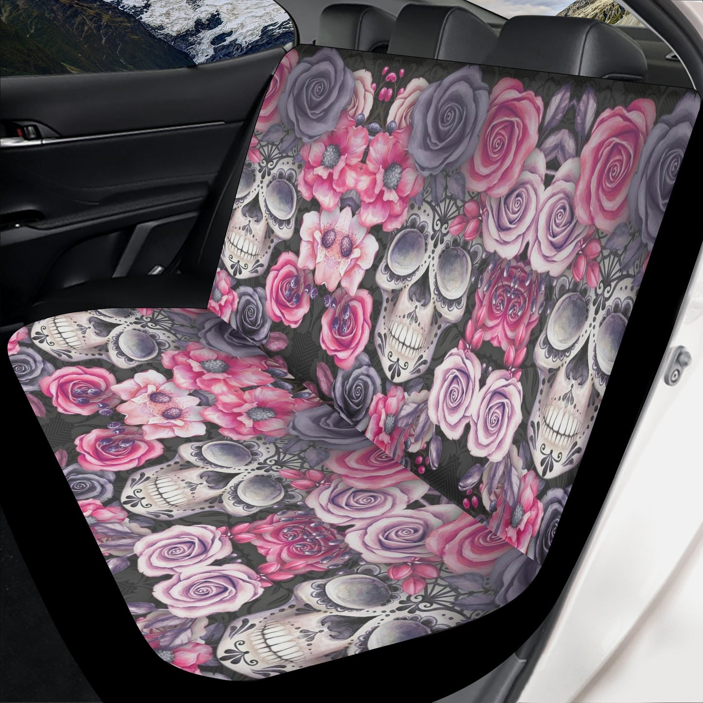 Skull front and back car seat covers, christmas skull car seat tool, goth rug mat for car, death skull car mat, rose skull front and back ca