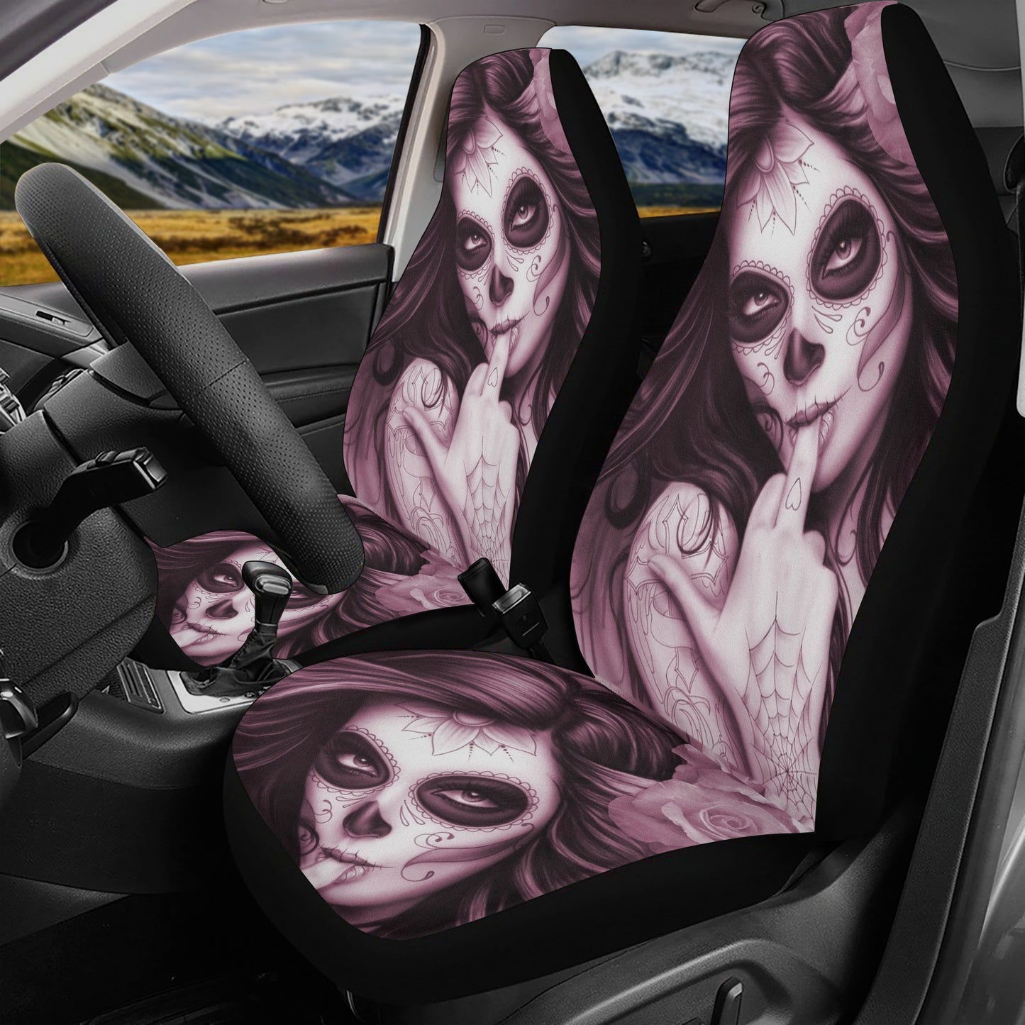 Floral sugar skull car mat, mexican skull slip-on seat covers, dia de los muertos skull car seat tool, floral sugar skull front and back car