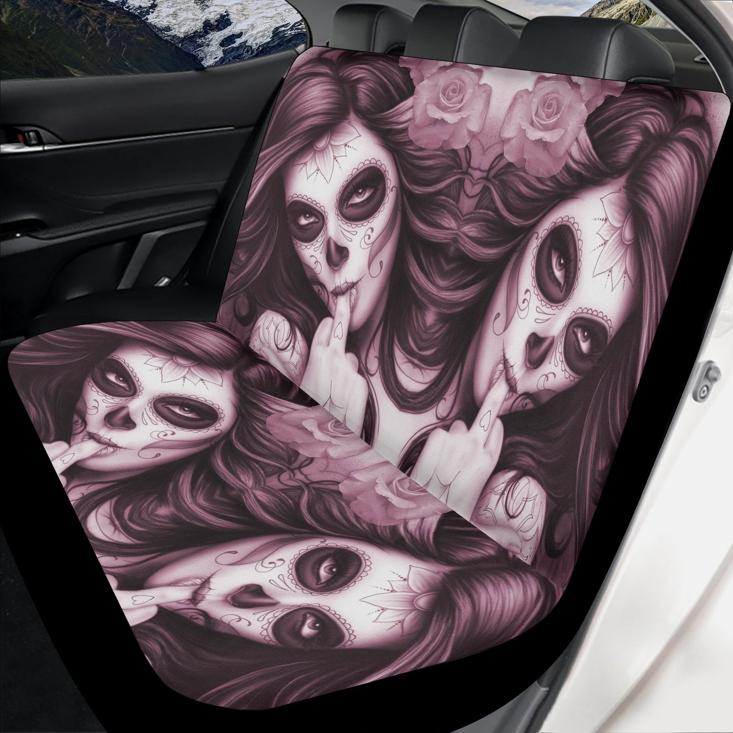 Floral sugar skull car mat, mexican skull slip-on seat covers, dia de los muertos skull car seat tool, floral sugar skull front and back car