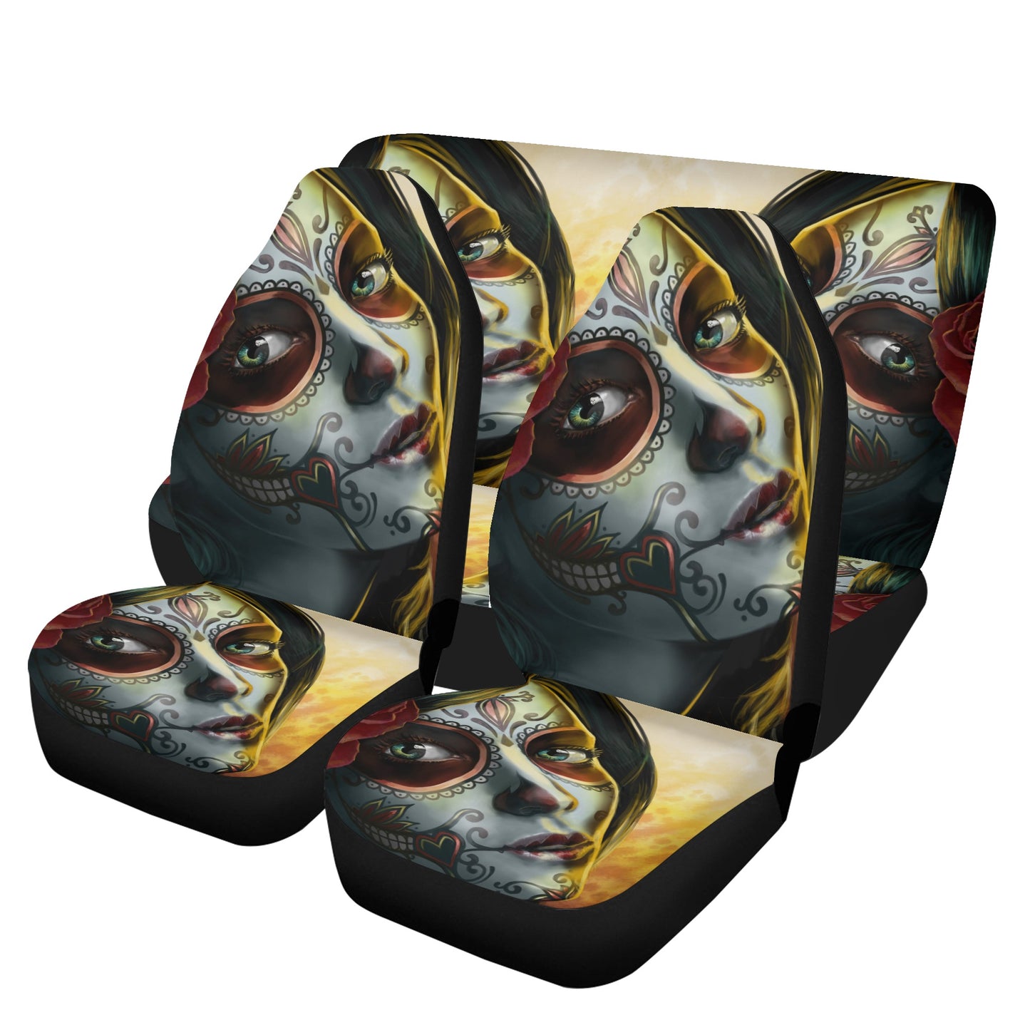 Dia de los muertos skull car mat flooring, candy skull cover cushion accessories for Cars, sugar skull seat cover for truck, mexico car seat