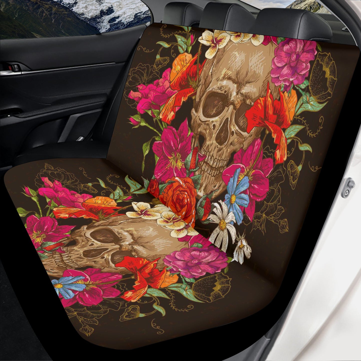 Skeleton rug mat for car, skull in fire seat cover protector, flower skull washable car seat covers, flame skull front and back car seat cov