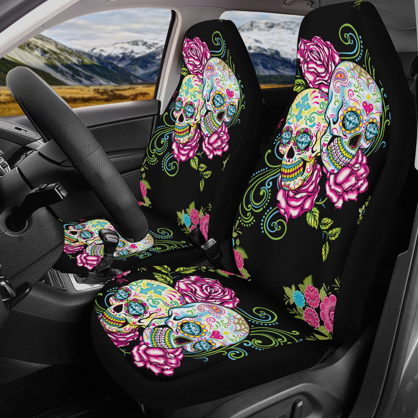 Calaveras skull slip-on seat covers, sugar skull seat cover for vehicles, day of the dead seat cover for vehicles, calaveras skull car prote
