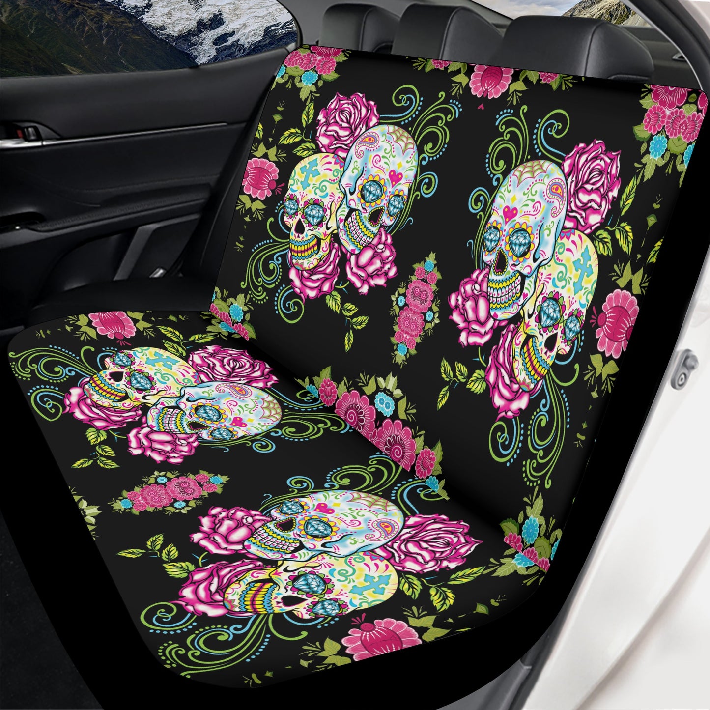Calaveras skull slip-on seat covers, sugar skull seat cover for vehicles, day of the dead seat cover for vehicles, calaveras skull car prote