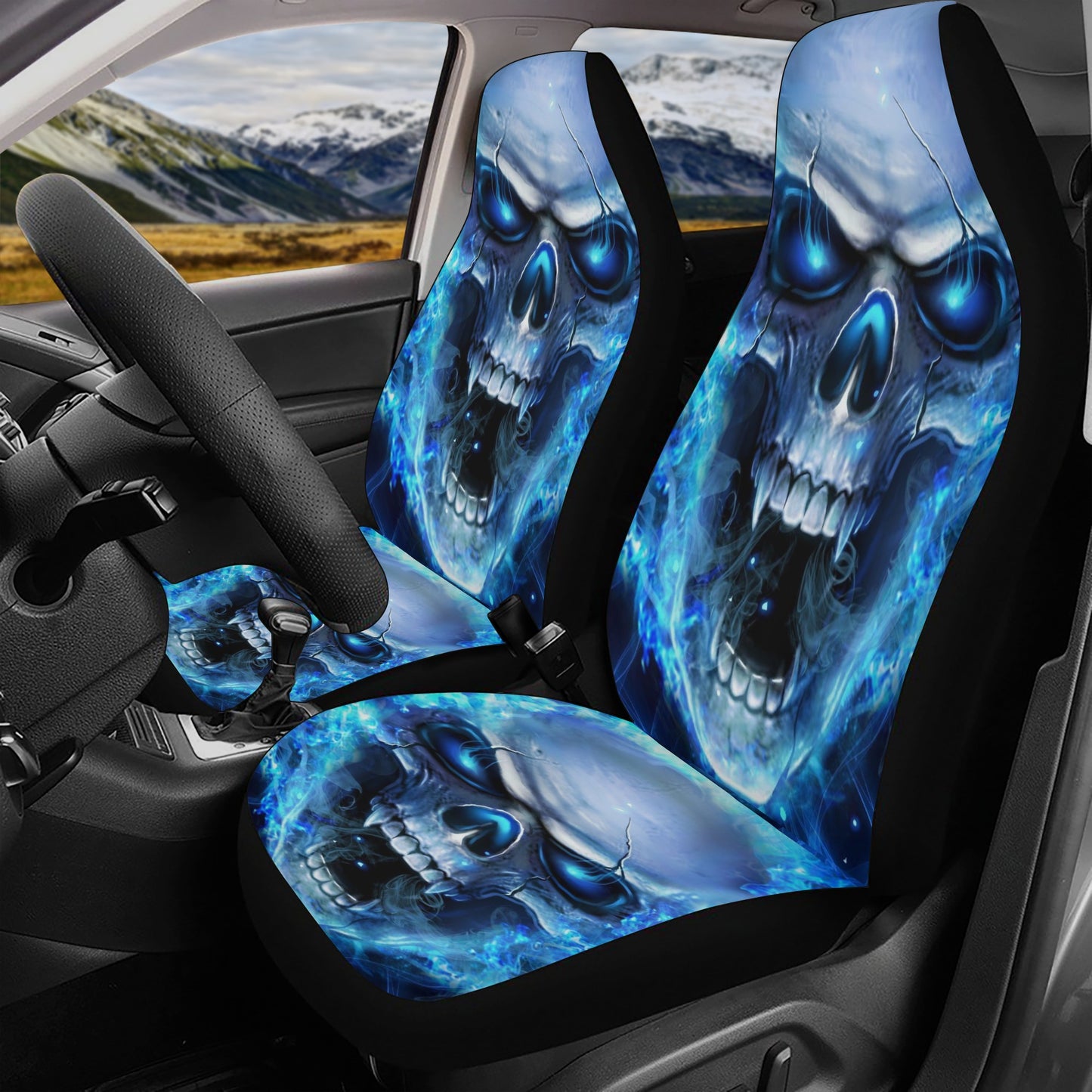 Halloween front and back car seat covers, motorcycle skull slip-on seat covers, skeleton front and back car seat covers, horror car mat, ske