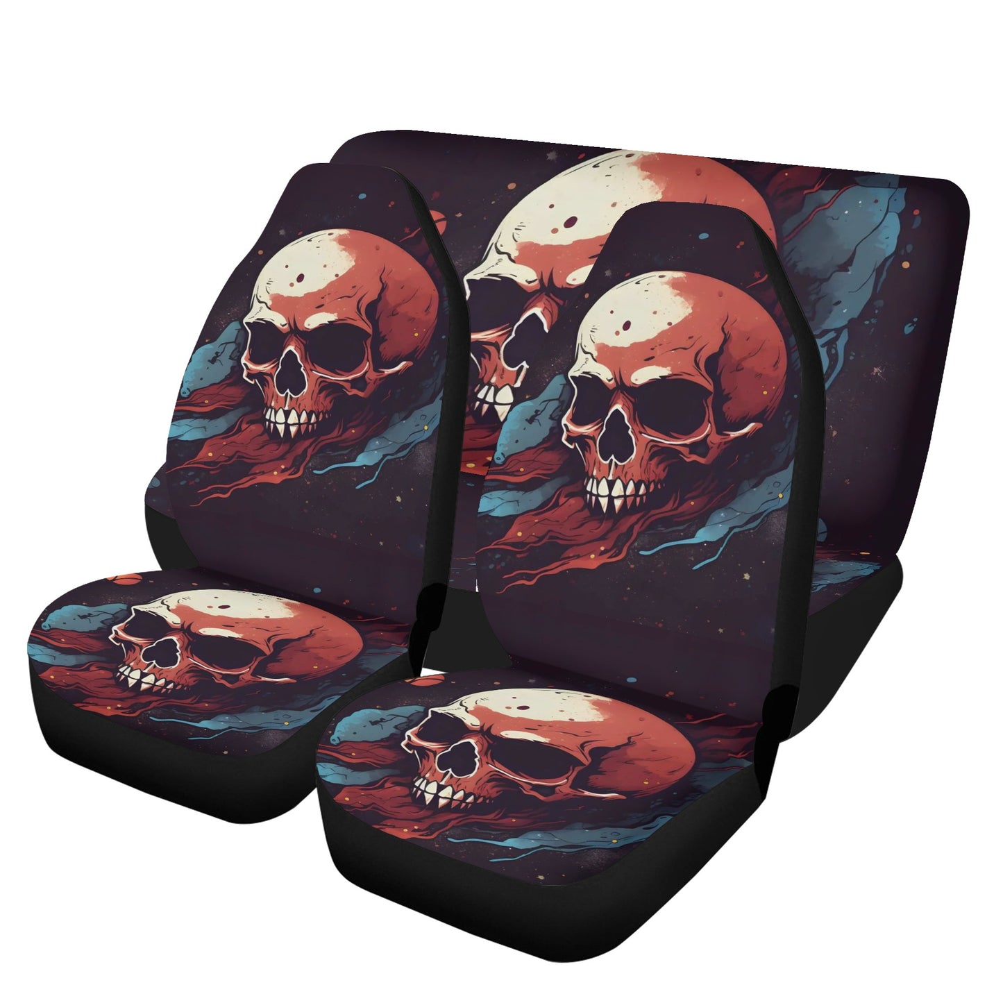 Skeleton slip-on seat covers, biker skull floor mat for car, punisher skull rug for car, biker skull slip-on seat covers, flame skull front
