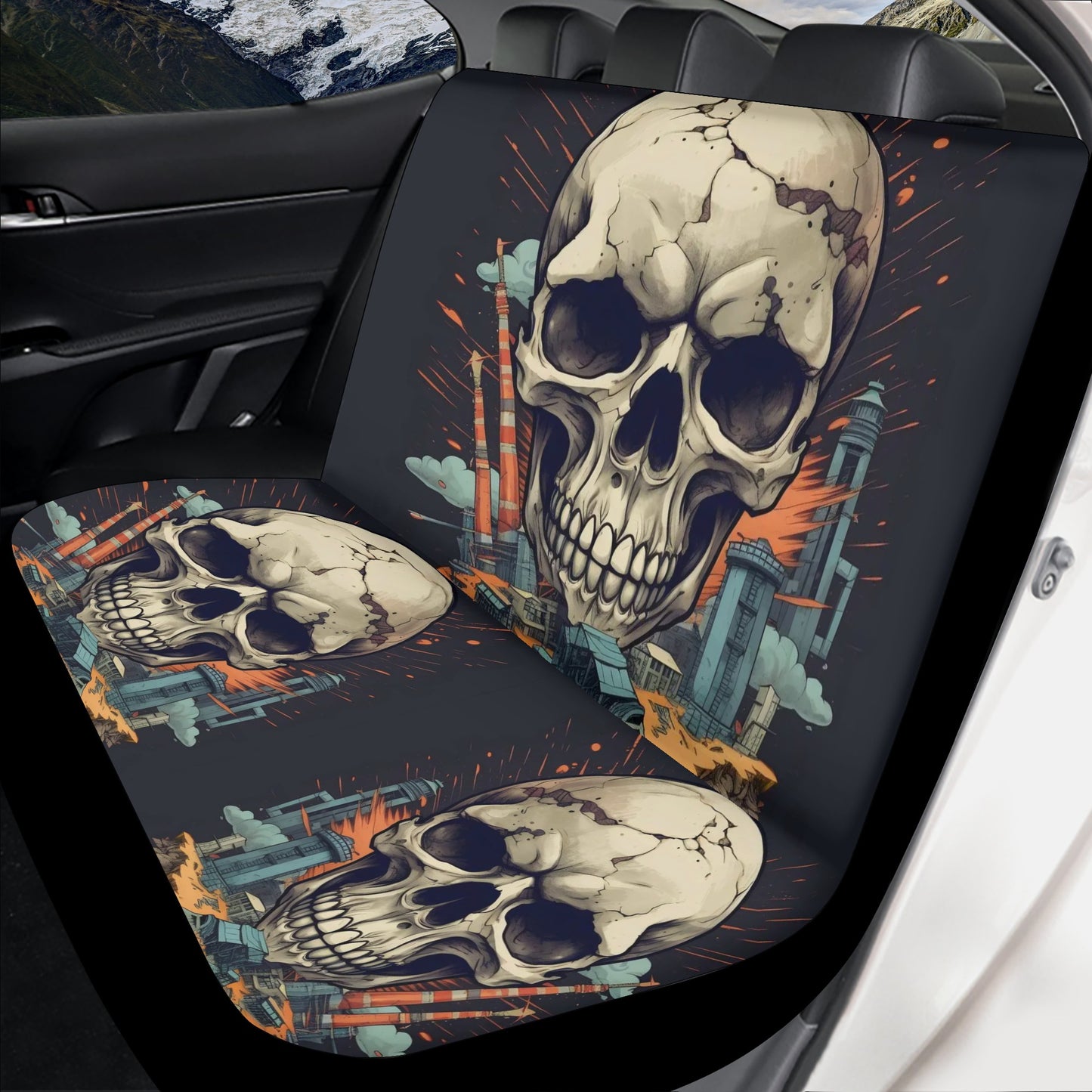 Motorcycle skull mat for car, evil car floor mat, gothic skull car seat protector cover, biker skull washable car seat covers, flaming skull