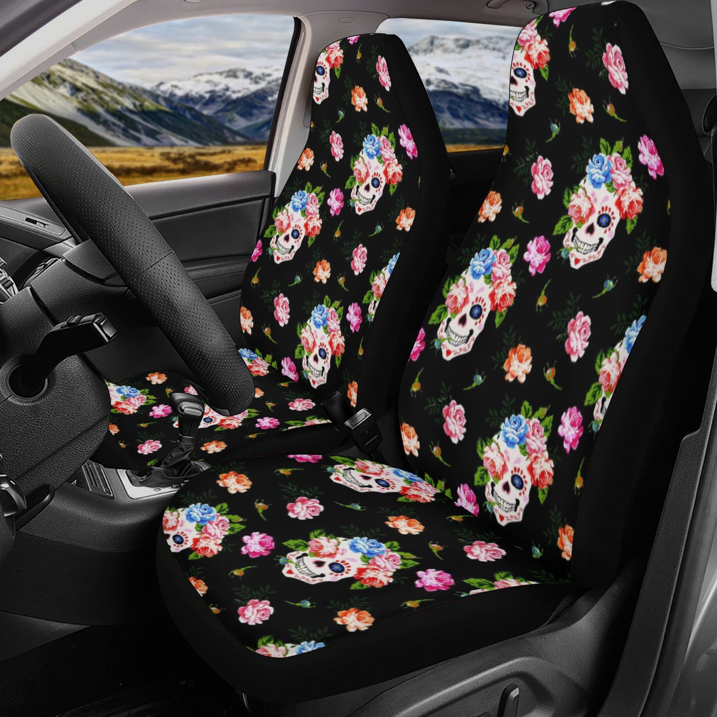 Rose skull rug mat for car, goth car seat , floral skull seat cover for car, evil car seat protector cover, flaming skull cover cushion acce