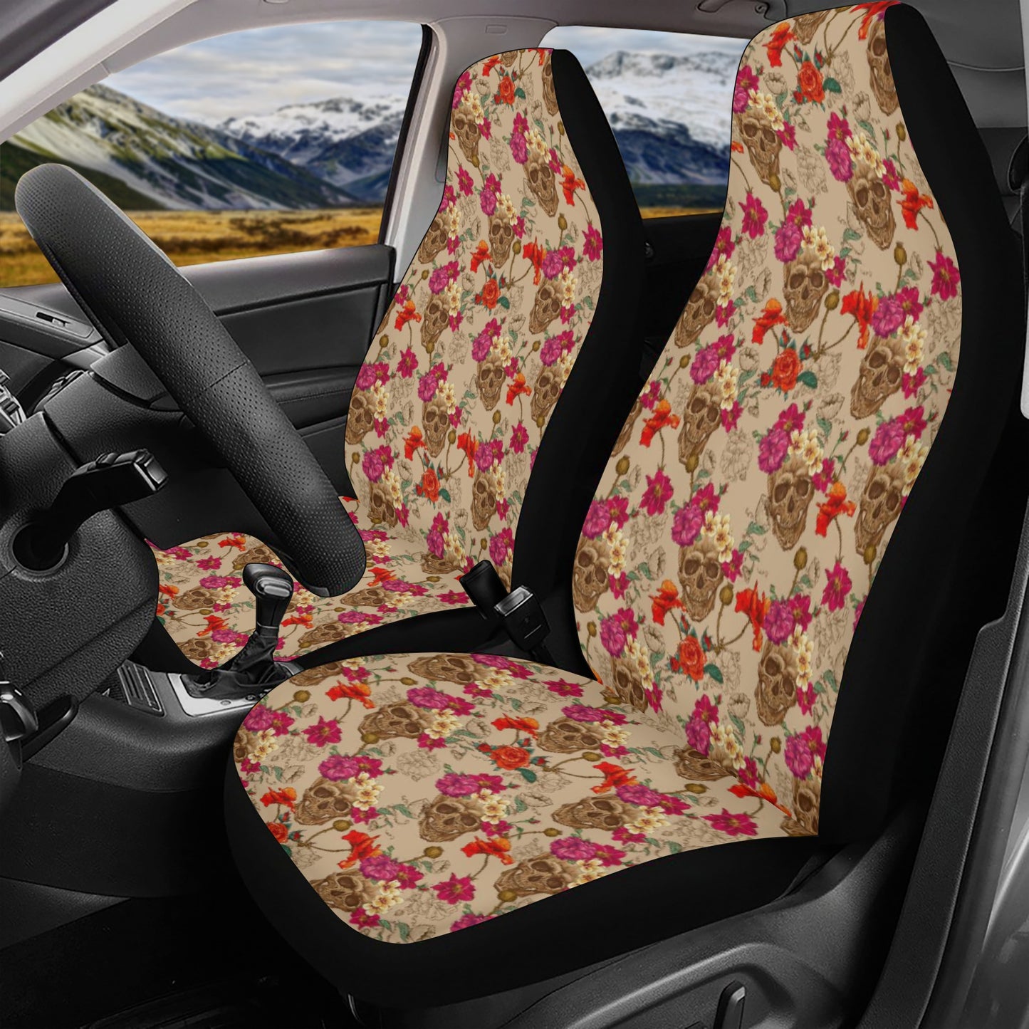 Christmas skull front and back car seat covers, evil seat cover for truck, skull in fire car rug, skull car tool, flower skull car seat cove
