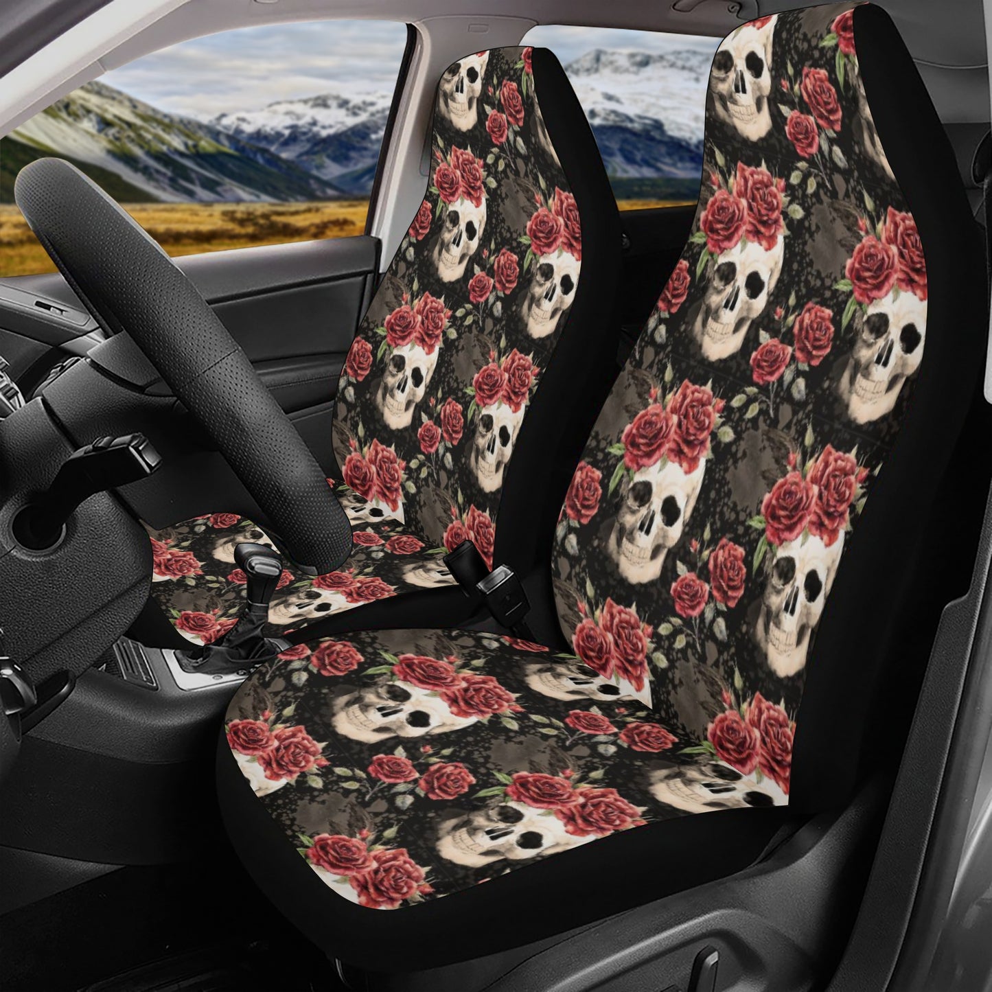 Punisher skull seat cover protector, rose skull seat cover for car, flame skull slip-on seat covers, christmas skull car seat protector, hor