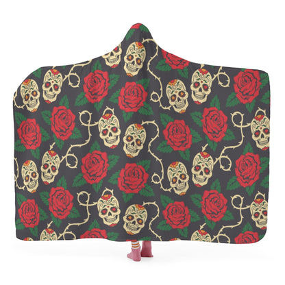 Skeleton hooded blanket, rose skull warm blanket, rose skull hoodie blanket, floral skull blanket hooded, motorcycle skull fleece blanket, g