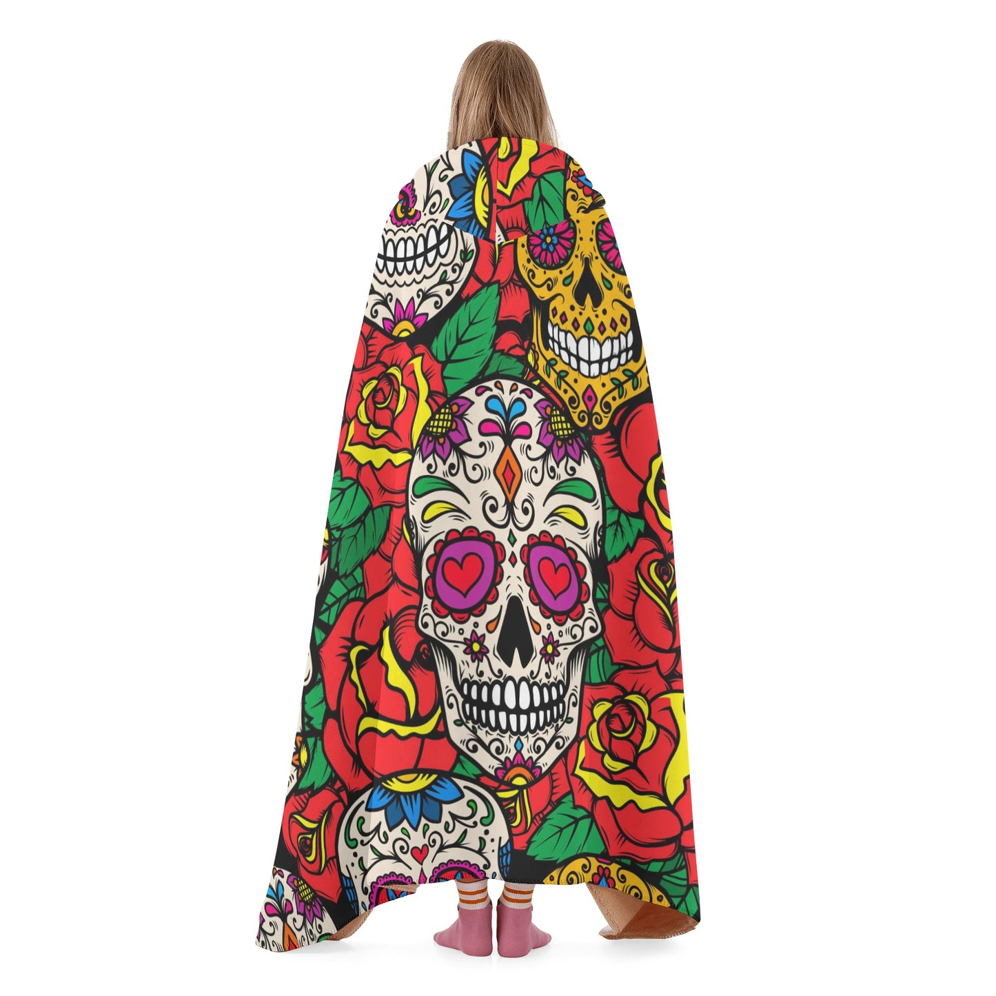 Dia de los muertos skull flannel hooded, mexican skull blanket hoodie, candy skull flannel hooded, sugar skull girl blanket hooded, floral s