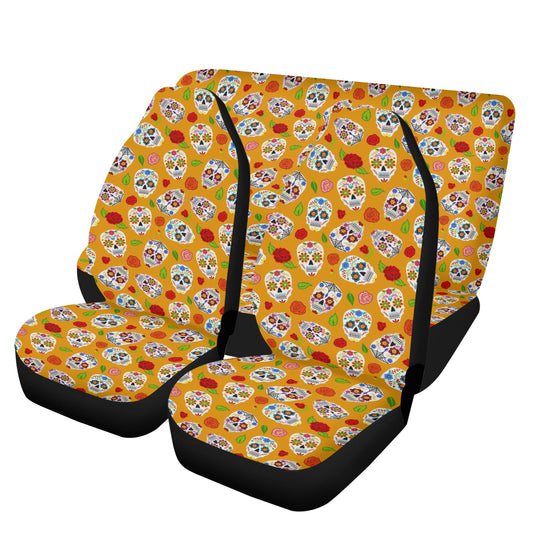 Floral skull slip-on seat covers, day of the dead slip-on seat covers, floral sugar skull car floor mat, sugar skull mat for vehicles, calav