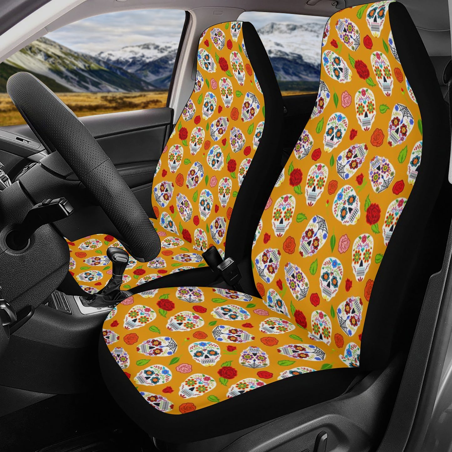 Floral skull slip-on seat covers, day of the dead slip-on seat covers, floral sugar skull car floor mat, sugar skull mat for vehicles, calav