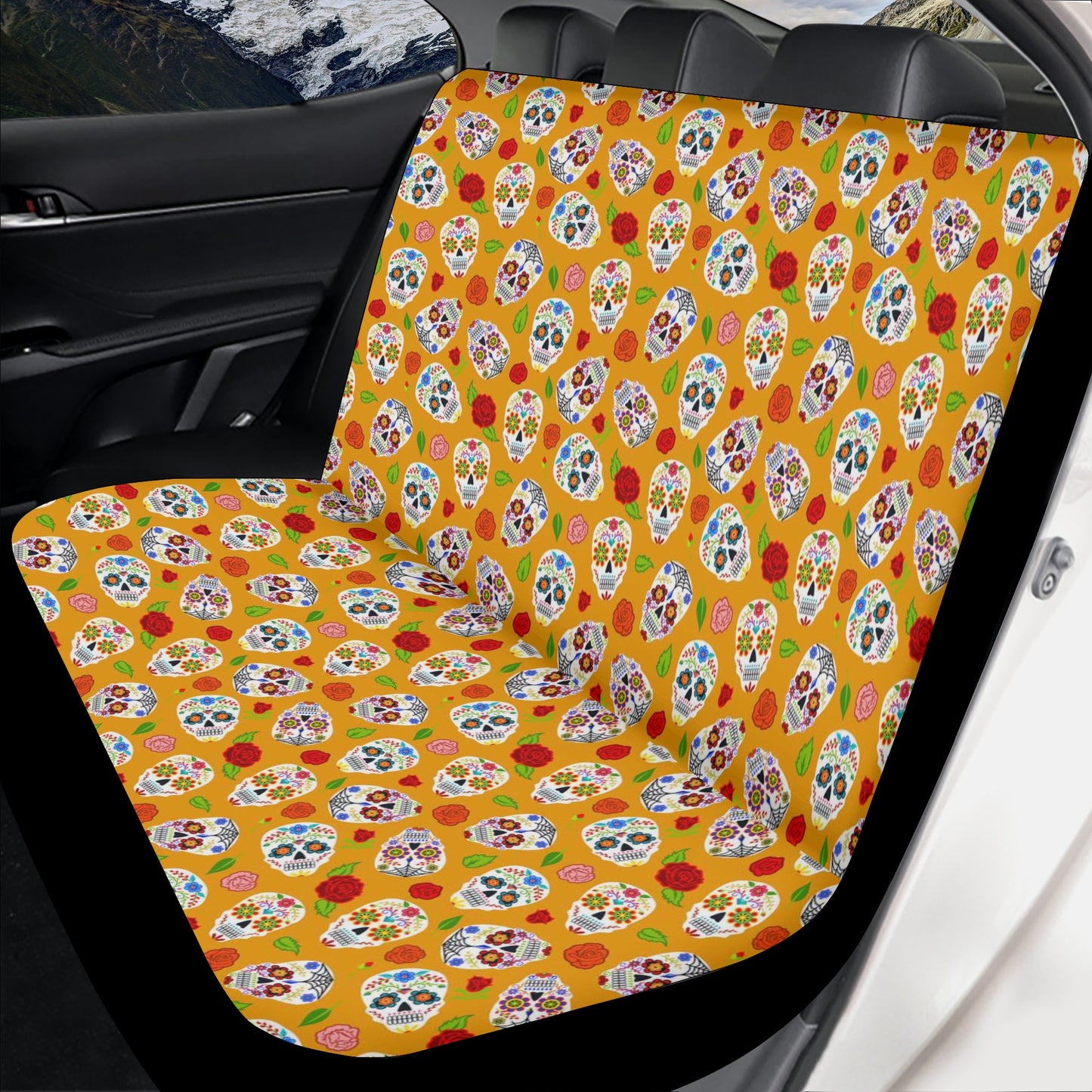 Floral skull slip-on seat covers, day of the dead slip-on seat covers, floral sugar skull car floor mat, sugar skull mat for vehicles, calav
