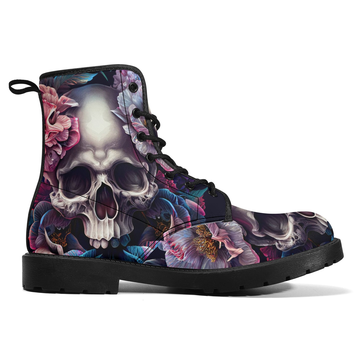 Gothic skull combat boots, death skull waterproof Lace Up Anti-Slip platform nooties, rose skull unisex shoes, flaming skull fashion leather Mens Leather Boots