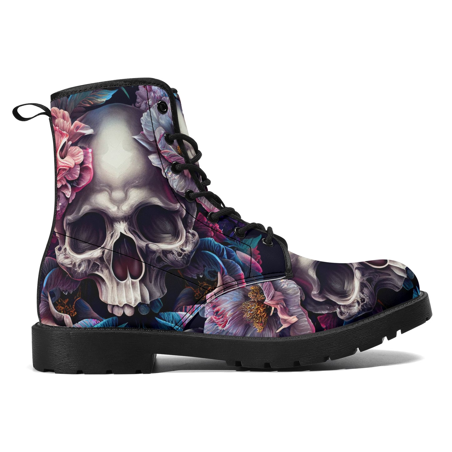 Gothic skull combat boots, death skull waterproof Lace Up Anti-Slip platform nooties, rose skull unisex shoes, flaming skull fashion leather Mens Leather Boots