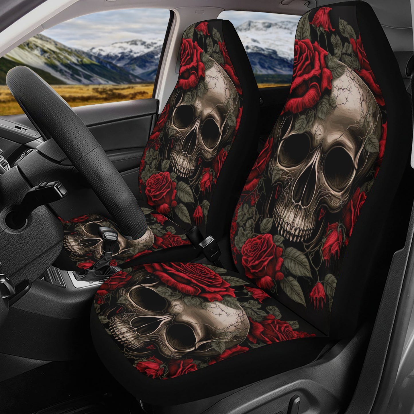 Skull in fire car seat cover full set, skull in fire slip-on seat covers, christmas skull seat cover for vehicles, rose skull washable car s Car Seat Cover Set