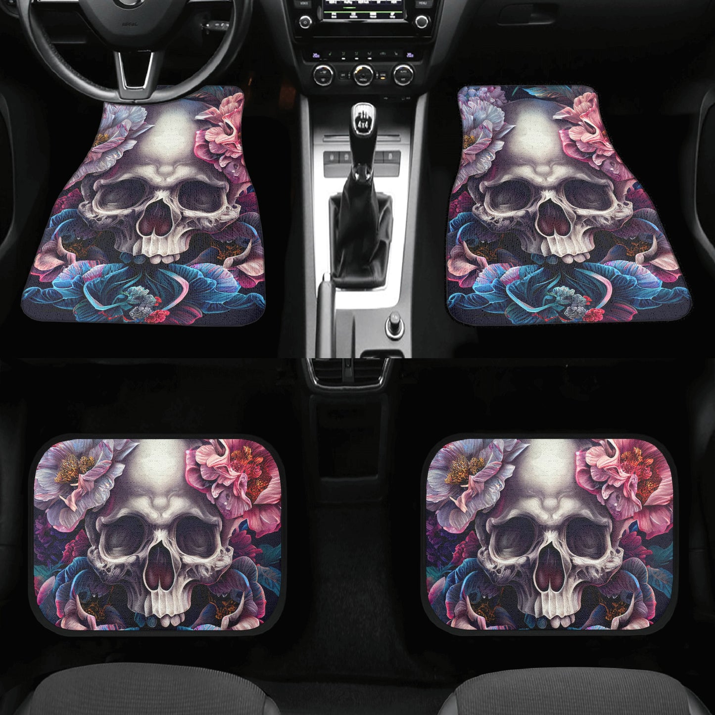 Flower skull car seat cover full set, flame skull mat for car, biker skull car mat, flower skull truck seat cover, gothic skull cover cushio Car Floor Mats