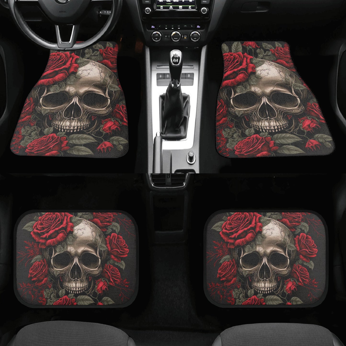 Goth seat cover for car, gothic skull car mat, flower skull front and back car seat covers, flower skull car accessories Back and Front Car Floor Mats
