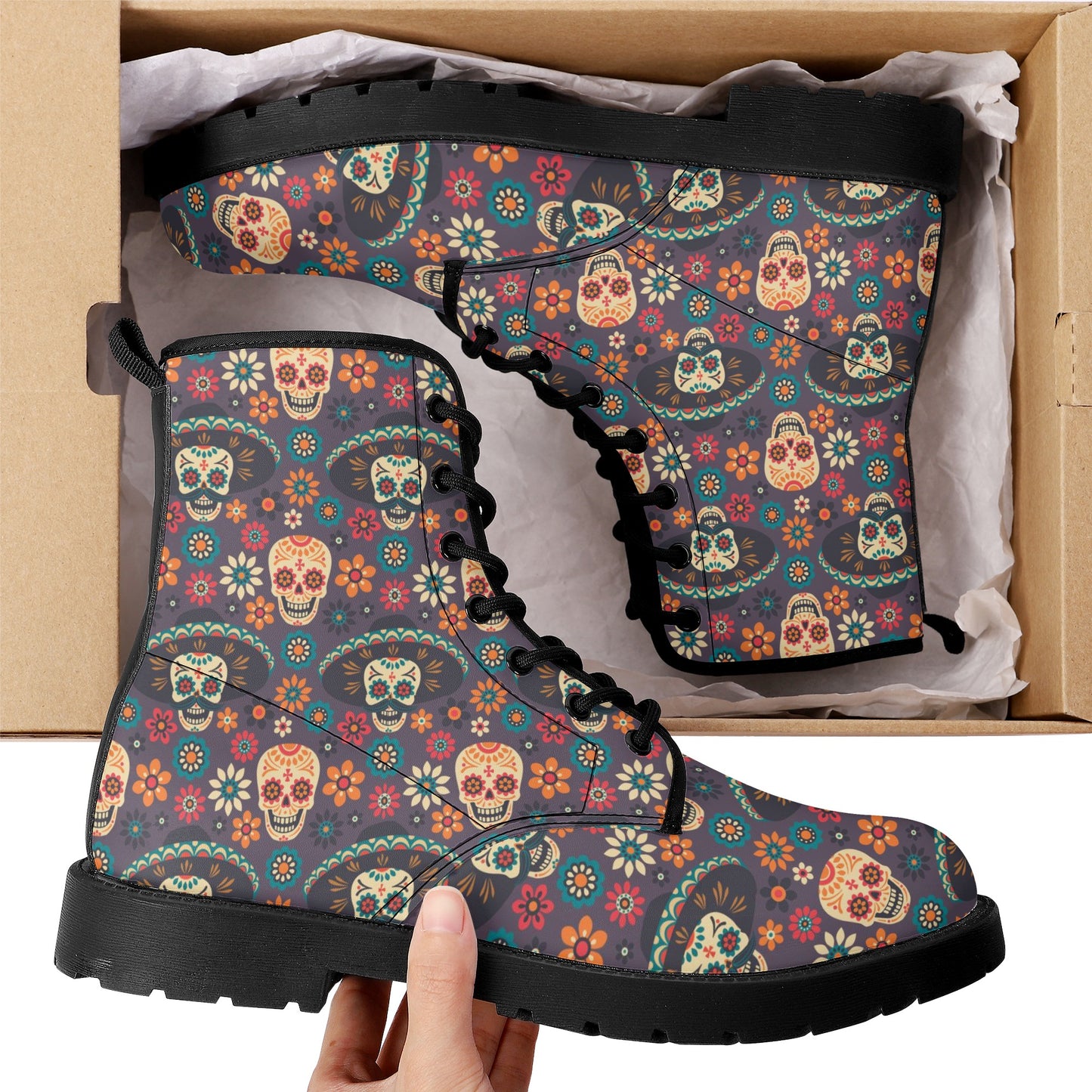 Dia de los muertos skull fashion leather boots, day of the dead fashion leather boots, dia de los muertos skull waterproof Lace Up Anti-Slip