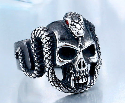 retro style stainless steel Vintage snake ring with red stone devil skull biker exquisite jewelry for man  BR8-440