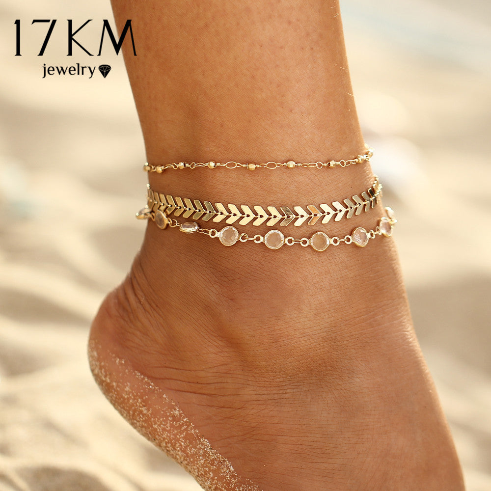 Crystal Sequins Anklet Set For Women Beach Foot jewelry Vintage Statement Anklets Boho Style Party Summer Jewelry 3Pcs/lot