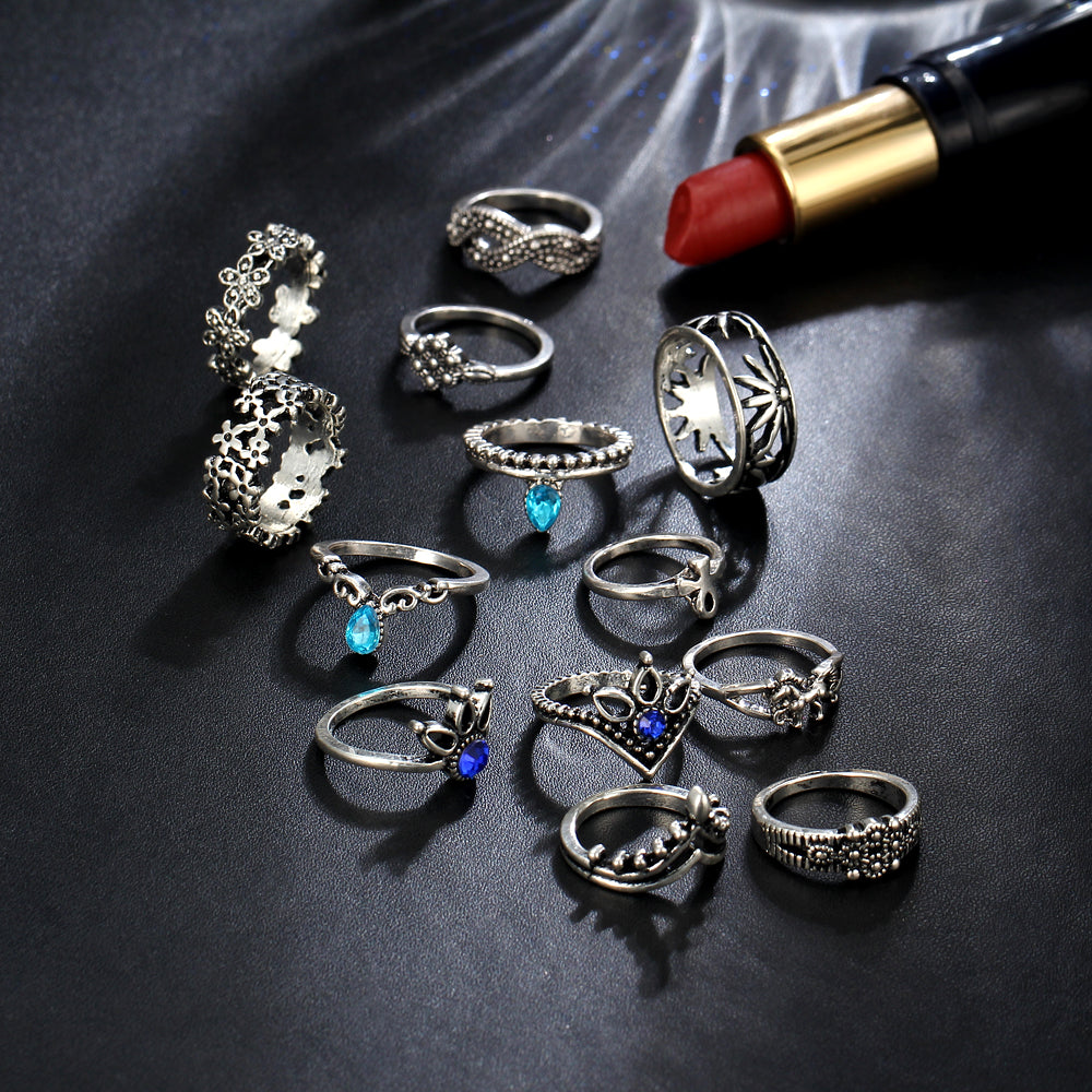Retro Flower Infinite Knuckle Rings For Women Vintage Geometric Pattern Crystal Rings Set Party Bohemian Jewelry 13 PCS/Set