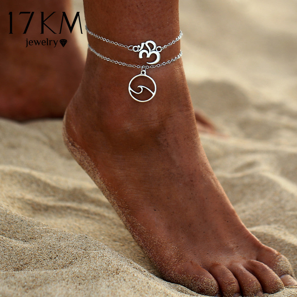 Vintage Sliver Color Yoga OM Multi Layer Anklets For Women Bohemian Wave Anklet Leg Bracelet Handmade Jewelry Sandals Gift