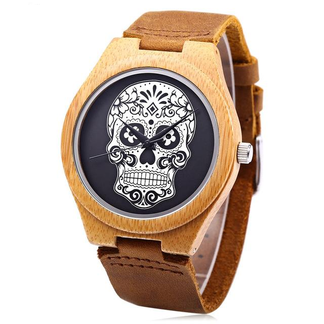 Quartz Watch Imported Movt Skull Pattern Dial Wooden Case Wristwatch