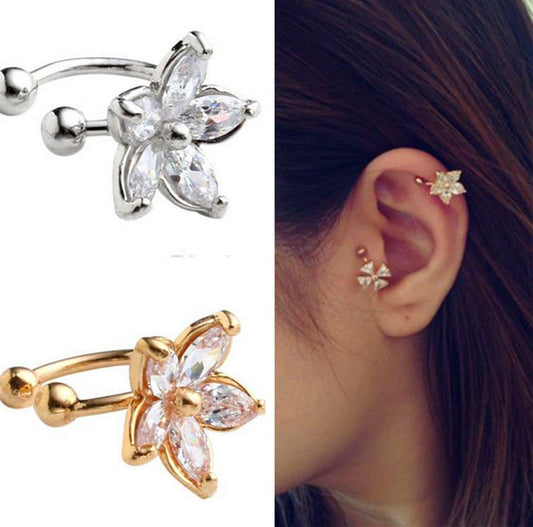 1PC Women's Fashion Cz Crystal Flower U Shape Ear Cuff Clip-on No Piercing Earring