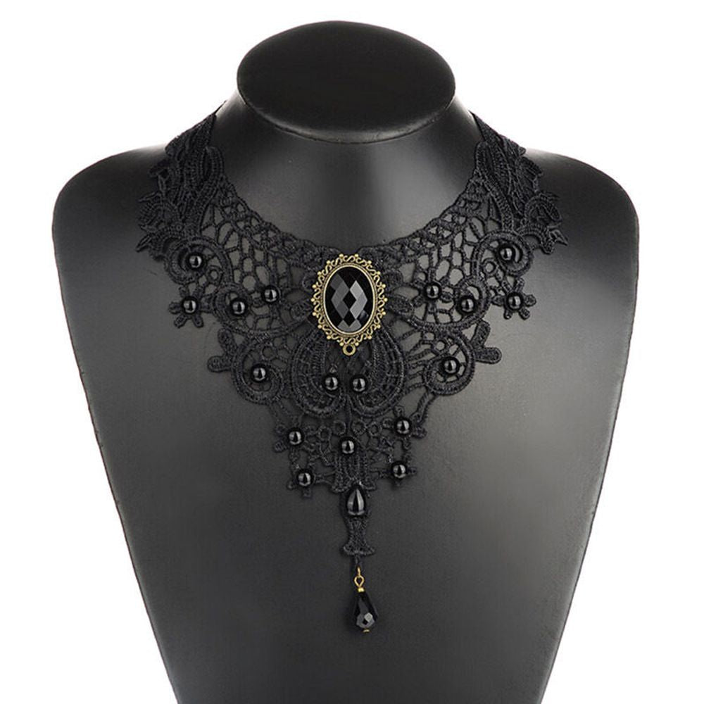 1PCNew Hot Women Black Lace& Beads Choker Victorian Steampunk Style Gothic Collar Necklace Nice Gift For Women