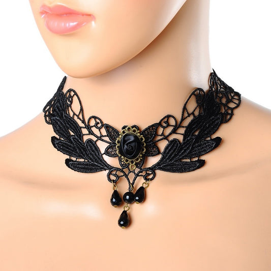 1PCNice Women's Style Black Fabric Rose Flower Beads Pendant Choker Lace Necklace Gothic Jewelry False Collar Statement Necklace