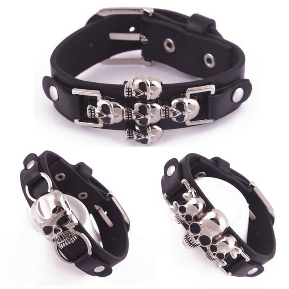 1PCS 3 Styles New Women Men Skull Pu Charm Bracelets Stainless Steel Rivet Punk Leather Bracelets Fashion Hip Hop Accessories