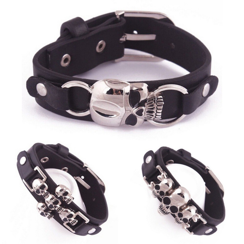 1PCS 3 Styles New Women Men Skull Pu Charm Bracelets Stainless Steel Rivet Punk Leather Bracelets Fashion Hip Hop Accessories