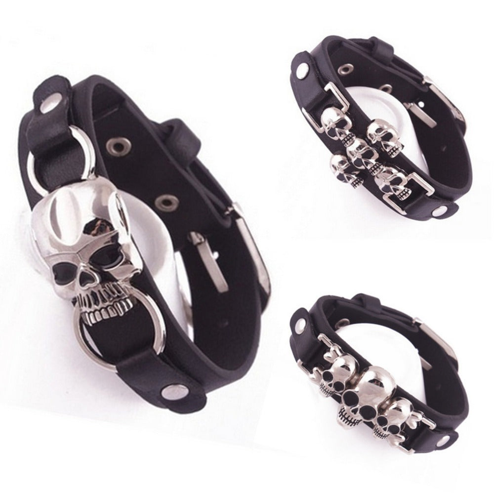 1PCS 3 Styles New Women Men Skull Pu Charm Bracelets Stainless Steel Rivet Punk Leather Bracelets Fashion Hip Hop Accessories