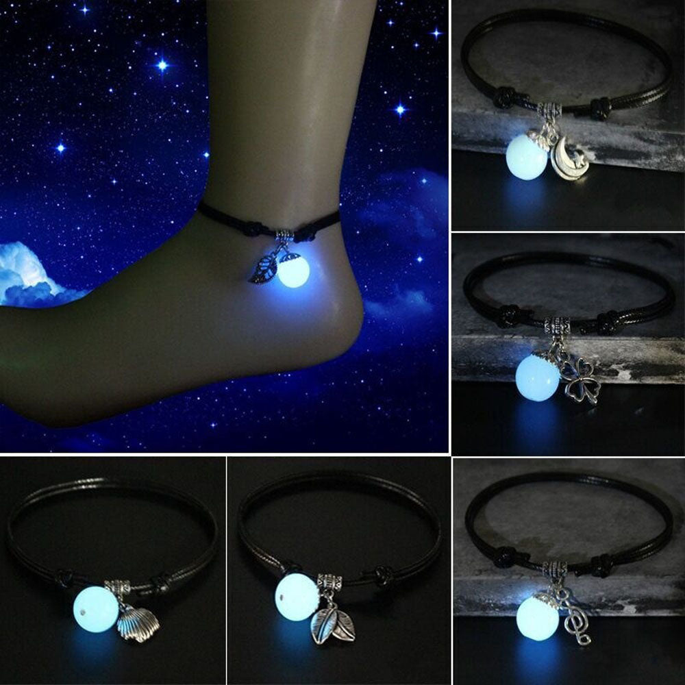 1PCS Retro Creative Glow In Dark Pendant Anklet Female Jewelry Gift Handmade Black Rope Leaves Chain Barefoot Anklet