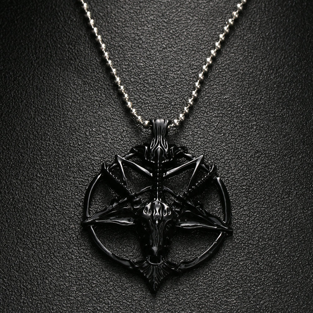 1Pcs Fashion Pentagram Pan God Skull Goat Head Pendant Necklace Luck Satanism Occult Metal Vintage Silver Star Necklace for Man