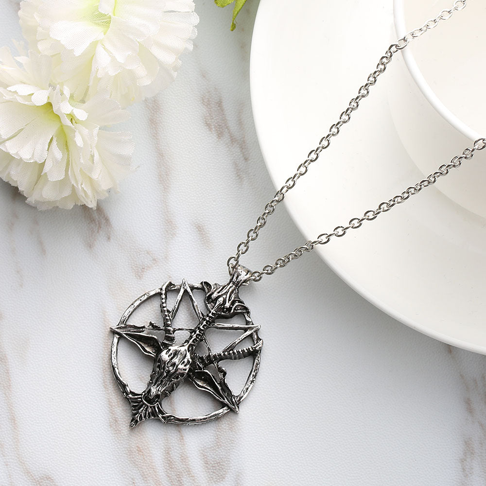 1Pcs Fashion Retro Pentagram Pan God Skull Goat Head Pendant Necklace Luck Satanism Occult Metal Vintage Silver Star Necklace