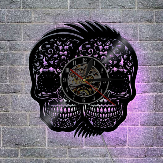1Piece Handmade Art Hanging Timepiece Double Mexican Skulls Vinyl Wall Clock Halloween Party Creative Decor Gift
